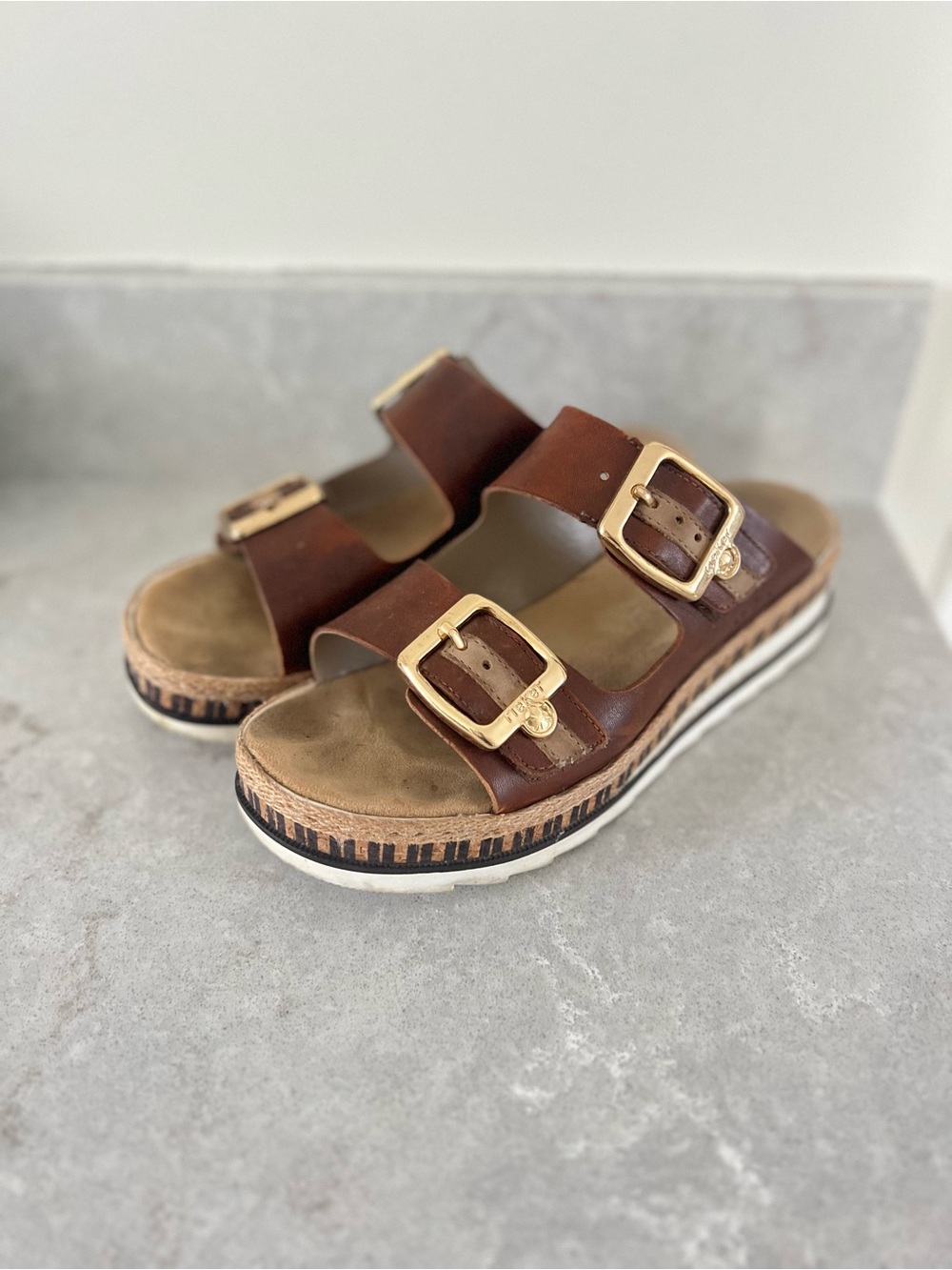 Rieker Brown Leather Double-Buckle Slide Sandals with Gold Buckles